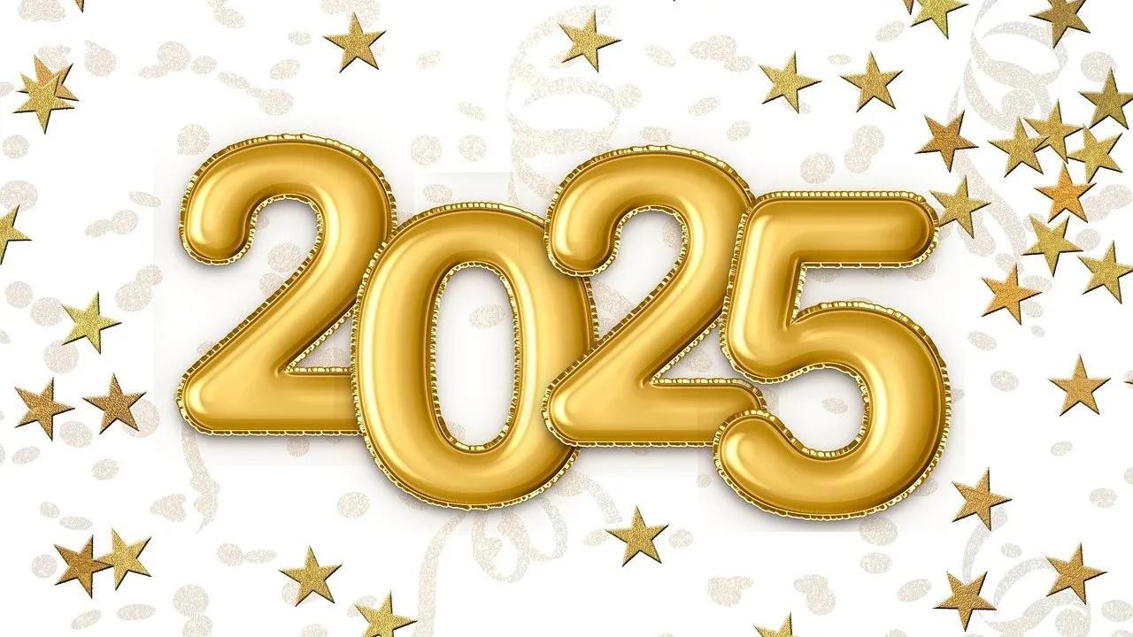 Goldene Zahl 2025 auf weißem Grund mit Sternen und Konfettischlangen